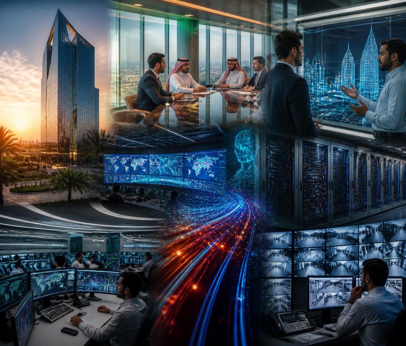 Enterprise technology collage: Saudi headquarters, boardroom, NOC, server racks, cybersecurity wall and CCTV control center