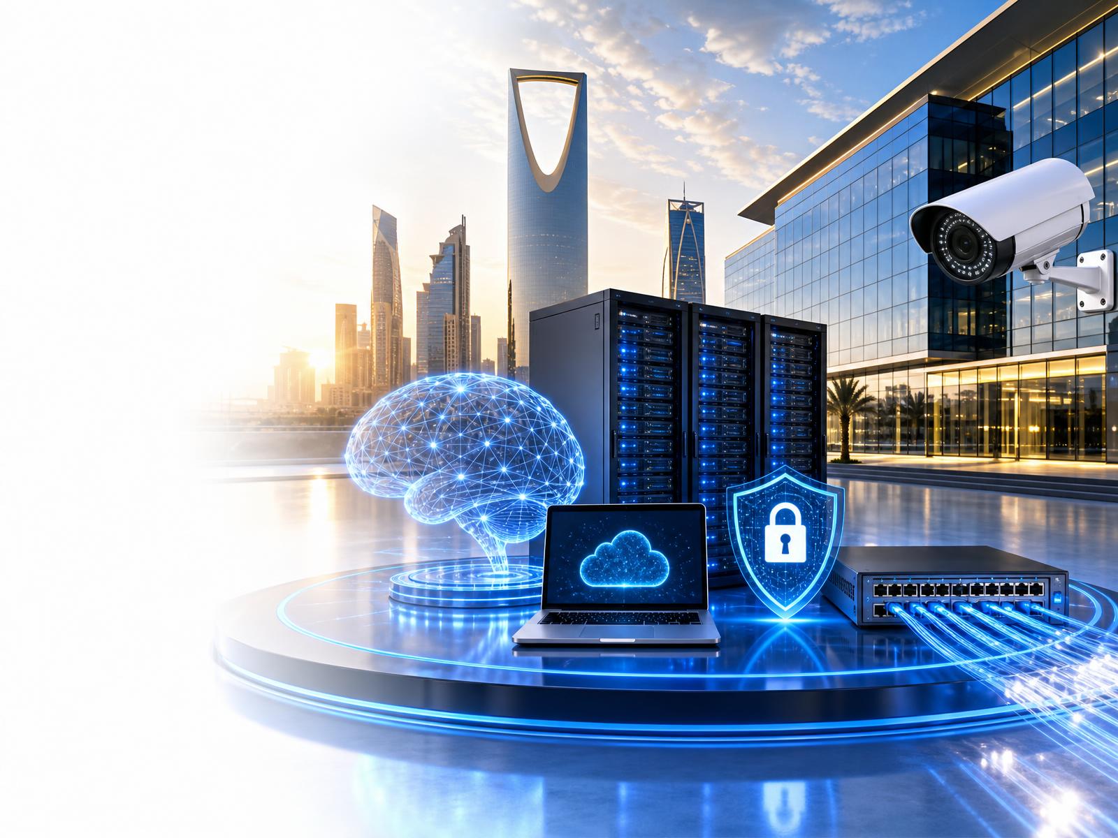 Riyadh skyline with enterprise data centre, AI hologram, cloud, networking and CCTV technology